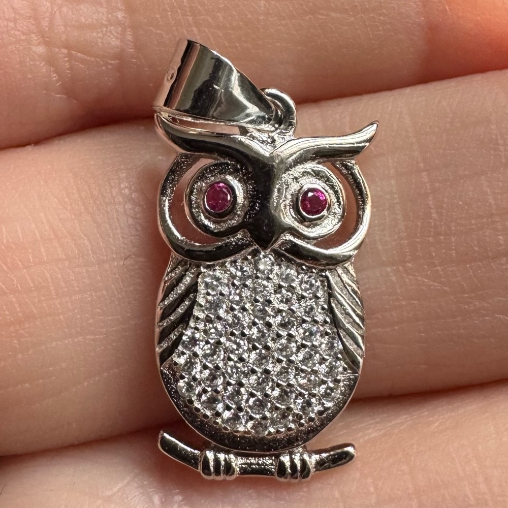 Sterling Silver Owl Pendant with Red CZ Accents